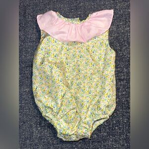 The Oaks Peachy Pink floral romper, size 12 mos, missing one button in back